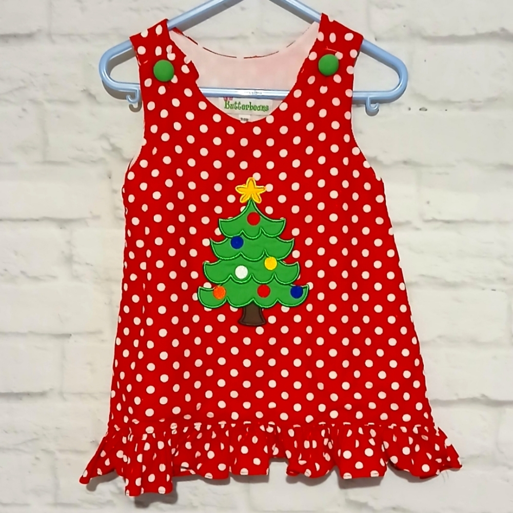 Girl's Red and White Polka Dot Jumper Dress Christmas Tree Applique, Size 24M
